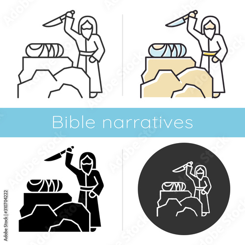 Binding of Isaac icon. Hebrew Bible story. Abraham sacrificing son on Moriah altar. Christian religion. Biblical narrative. Glyph, chalk, linear and color styles. Isolated vector illustrations