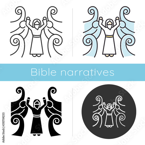 Crossing the Red sea Bible story icon. Moses prophet. Parted water. Egyptians rescue. Religious legend. Biblical narrative. Glyph, chalk, linear and color styles. Isolated vector illustrations