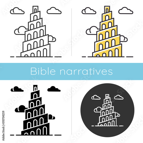 Babel Tower Bible story icon. Ziggurat. High structure in Babylonia. Religious legend. Exodus Biblical narrative. Glyph, chalk, linear and color styles. Isolated vector illustrations