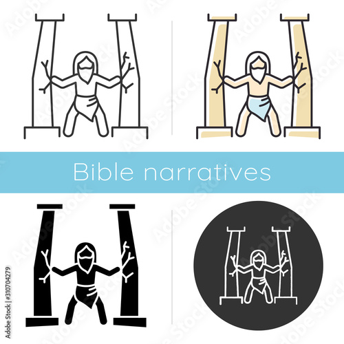 Samson Bible story icon. Last of judge. Strong powerful superhuman. Religious legend. Christian religion. Biblical narrative. Glyph, chalk, linear and color styles. Isolated vector illustrations