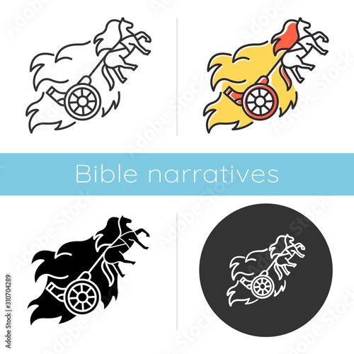 Chariot of fire Bible story icon. Religious legend. Christian religion. Saint chariot and horse in flame. Biblical narrative. Glyph, chalk, linear and color styles. Isolated vector illustrations