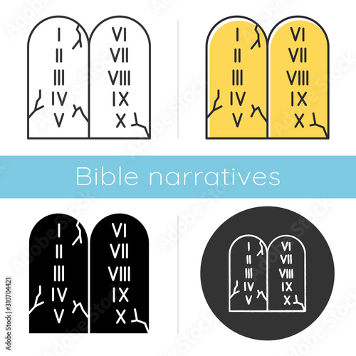 Ten Commandments Bible story icon. Biblical laws written on stone tablets. Religious legend. Holy book narrative, sacred scene. Glyph, chalk, linear and color styles. Isolated vector illustrations