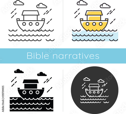The Flood Bible story icon. Noah Ark. Sacred ship in worldwide water. Religious legend. Holy book scene plot. Biblical narrative. Glyph, chalk, linear and color styles. Isolated vector illustrations