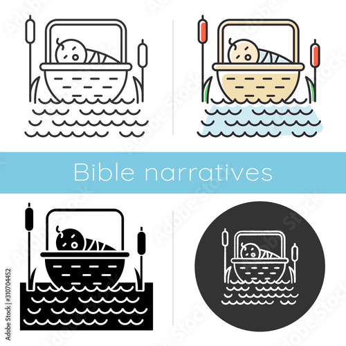 The Birth of Moses Bible story icon. Newborn in basket. Hebrew prophet Religious legend. Exodus Biblical narrative. Glyph, chalk, linear and color styles. Isolated vector illustrations