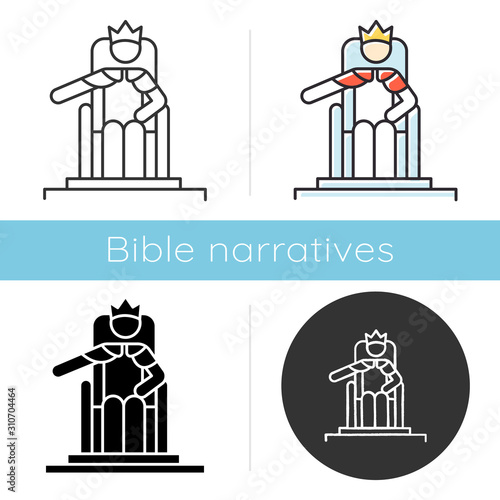 Wise Ruling Solomon Bible story icon. Jerusalem king sitting on throne. Religious legend. Biblical narrative. Glyph, chalk, linear and color styles. Isolated vector illustrations