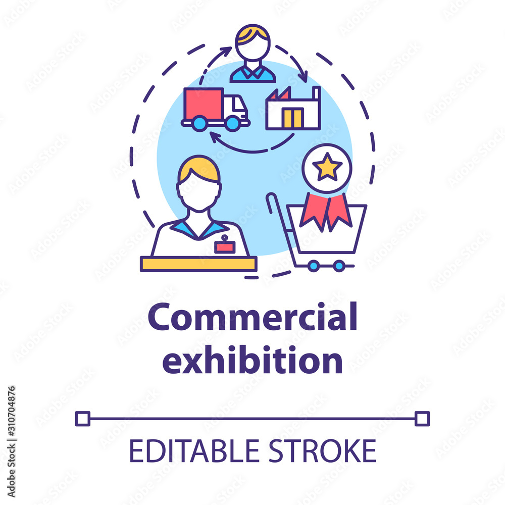 Commercial exhibition concept icon. International trading fair. Convention to buy artwork. Museum promo exposition idea thin line illustration. Vector isolated outline drawing. Editable stroke