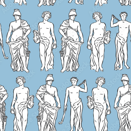 Vector Greek statues of men seamless pattern. Ancient sculpture of Roman divinities on blue background. Hand drawn design.