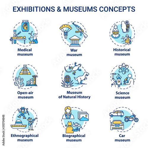 Museum exhibition concept icons set. Ethnographical and biographical exposition. Natural history. Open-air display idea thin line illustrations. Vector isolated outline drawings. Editable stroke