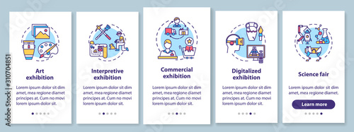 Exhibition and museum onboarding mobile app page screen with linear concepts. Exposition. Science fair. Five walkthrough steps graphic instructions. UX, UI, GUI vector template with illustrations