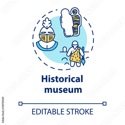 Historical museum concept icon. Paleontology and anthropology. Archeological artifact. Cultural exhibition idea thin line illustration. Vector isolated outline drawing. Editable stroke