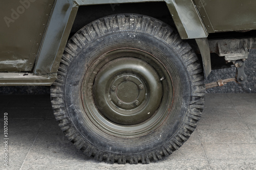 Close-up photo of military car wheel