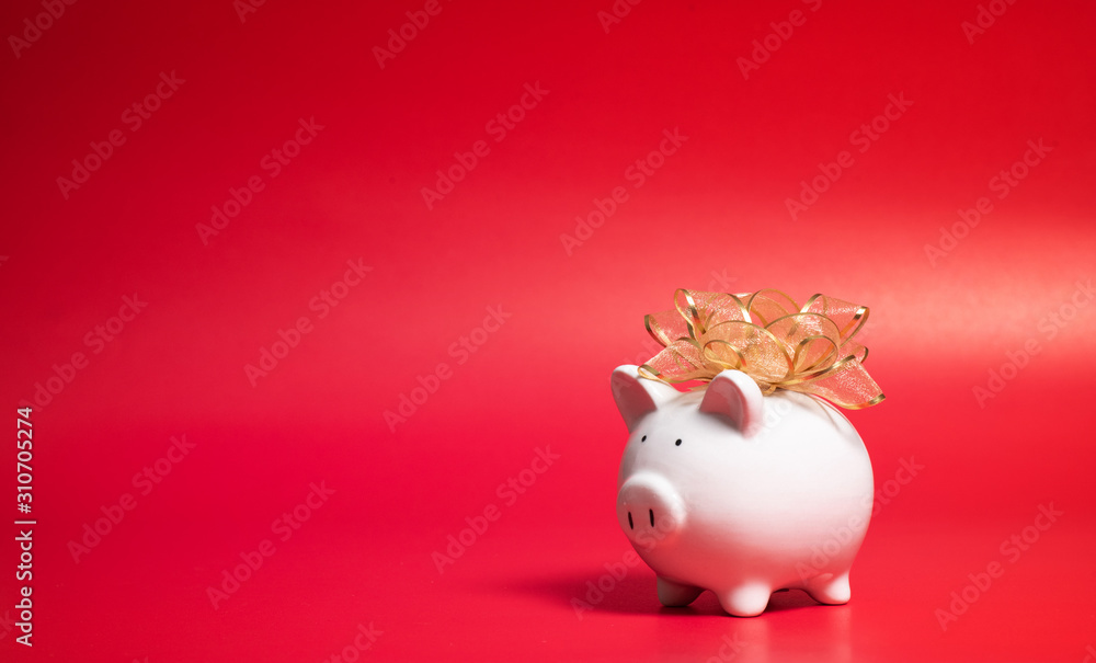 Composition with piggy bank isolated on red background. Composition with piggy bank isolated on red background.