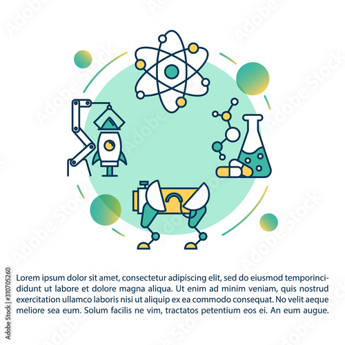 Science fair concept icon with text. Biotechnology and chemistry. Robotics, rocket building. Article page vector template. Brochure, magazine, booklet design element with linear illustrations