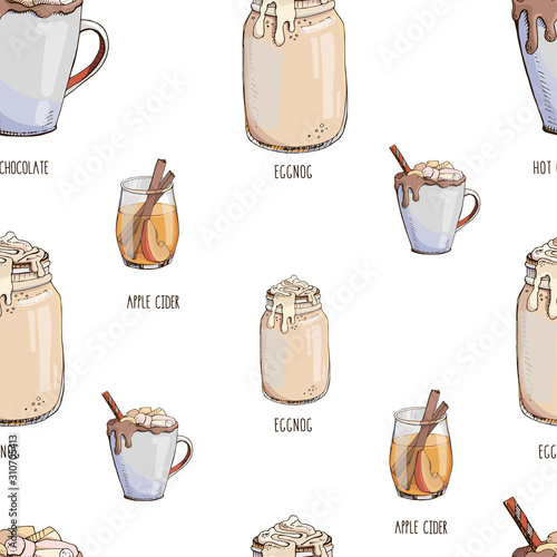 Vector seamless pattern with hot winter drinks isolated on white. Christmas print with beverages. Endless texture. Hot chocolate, eggnog, apple cider. Winter special. Menu decoration. Modern lettering