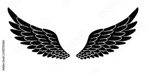 Hand drawn bird or angel grunge textured flapping wings. Hand drawn wings silhouette for t-shirt prints, tatoo design, vintage styled poster.