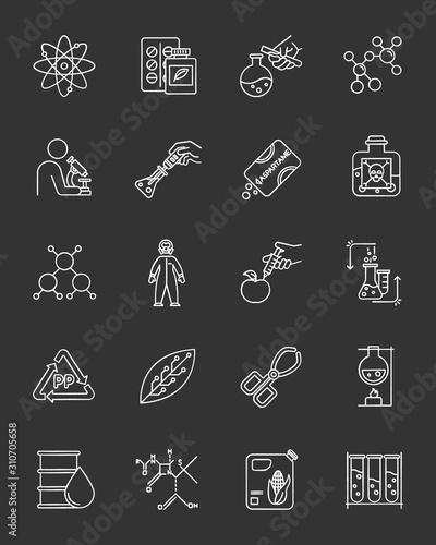 Science and nature interaction chalk icons set. Biotechnologies equipment. Experiment methodology. Working in laboratory. Product synthesis. Organic chemistry. Isolated vector chalkboard illustrations