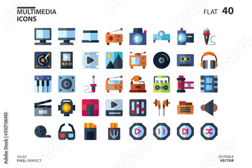 Icon collection of Multimedia in flat style. vector illustration and editable stroke. Isolated on white background.