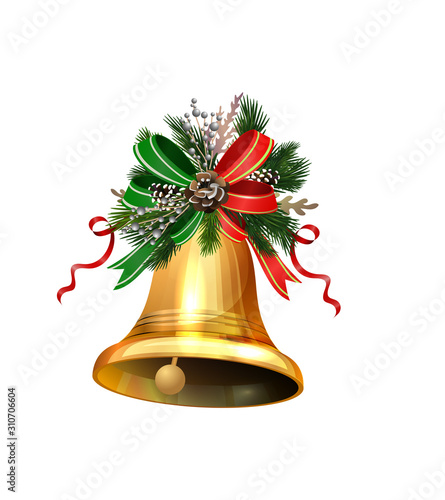 Christmas decorations with fir tree golden jingle bells