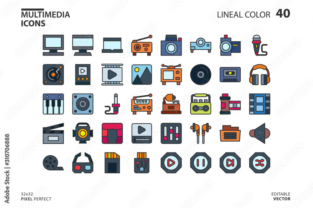 Icon collection of Multimedia in lineal color style. vector illustration and editable stroke. Isolated on white background. Icon collection of Multimedia in lineal color style. vector illustration and editable stroke. Isolated on white background.