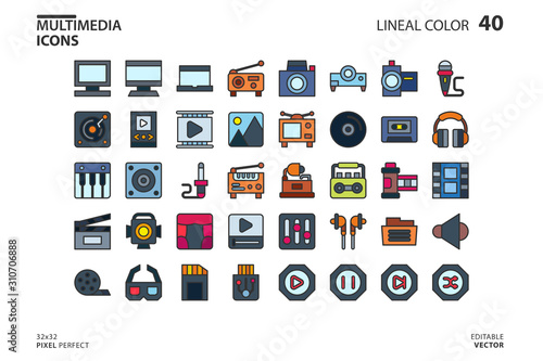 Icon collection of Multimedia in lineal color style. vector illustration and editable stroke. Isolated on white background.