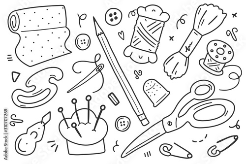 Sewing kit, collection of vector alip arts , tools, equipment and accessories. Set of isolated doodle illustrations, good for workshop, studio atelier or seamstress.