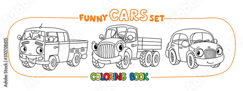 Funny small city cars with eyes. Coloring book set