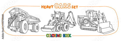 Funny heavy cars with eyes. Coloring book set