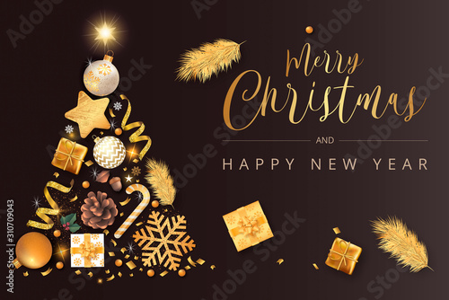 Bannière ou carte Dorée sur fond noir merry christmas – cadeaux – boules – flocons – paillettes - étoile - sapinette - Candy