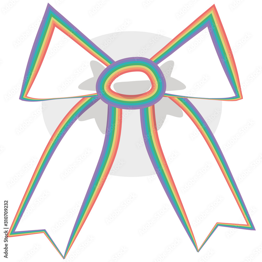 White big vector ribbon bow with rainbow outline with gray shadow object isolated on white background. White big vector ribbon bow with rainbow outline with gray shadow object isolated on white background.