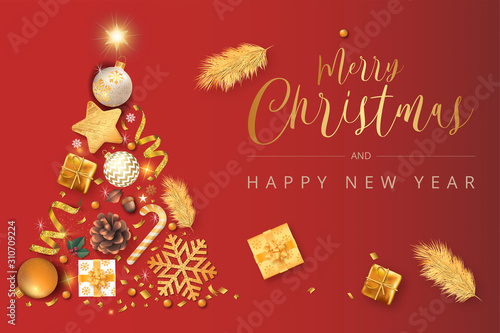 Bannière ou carte Dorée sur fond rouge merry christmas – cadeaux – boules – flocons – paillettes - étoile - sapinette - Candy