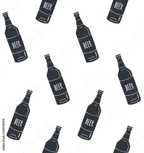 Vector seamless pattern of black hand drawn sketch doodle beer bottle isolated on white background