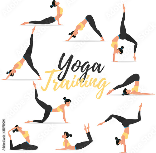 Yoga asanas set isolated on white background