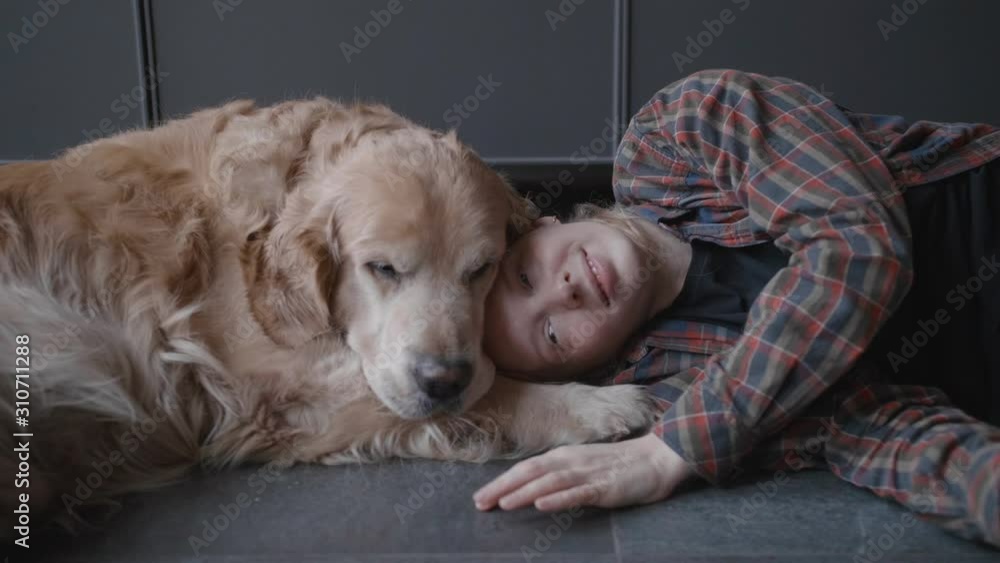Girl playing with dog Golden Labrador. portrait of labrador dog and young woman Girl playing with dog Golden Labrador. portrait of labrador dog and young woman