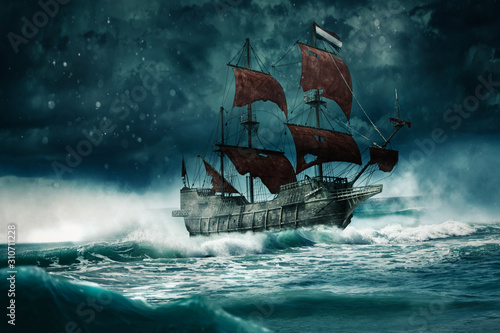 A ghost ship sails through the stormy night