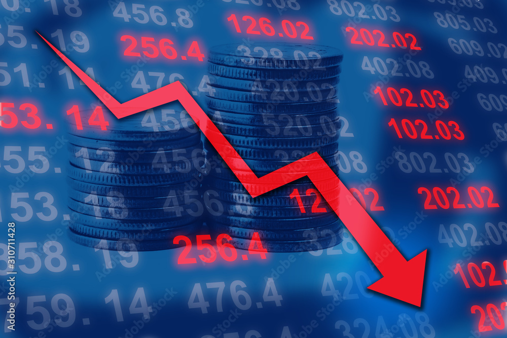 Stock market down. Red arrow down and figures in red Stock Illustration