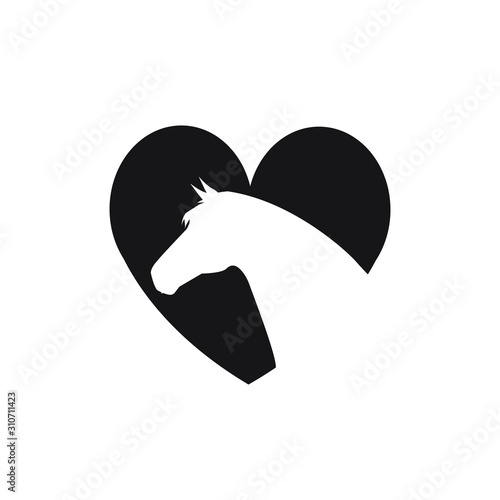 Vector flat black horse head in heart logo isolated on white background 