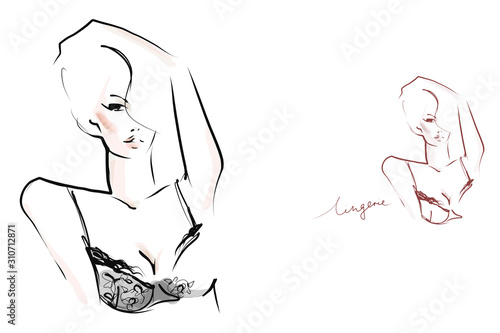 Young beautiful woman in lingerie. Fashion illustration in sketch style. Vector