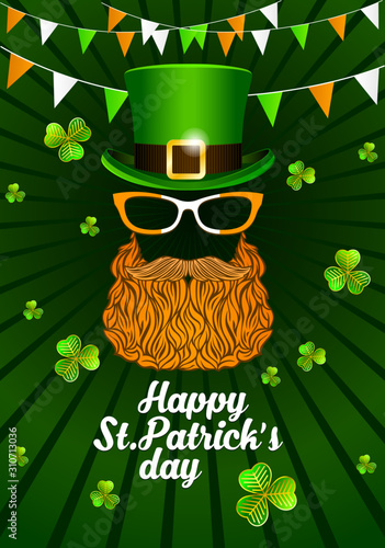 Happy St. Patrick's Day template for greeting card, flyers or posters. Green heat, red beard and eye glasses design objects.