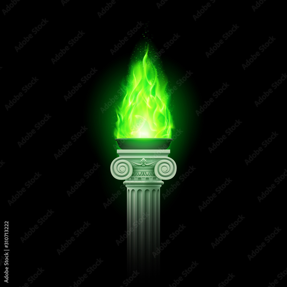Ancient Column with Green Flame. Illustration of a Flaming Torch Based