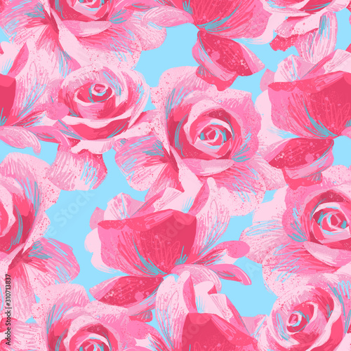 Large beautiful roses. Floral seamless pattern in vintage style. Flowers buds and petals. Acrylic painting. Fashion botanical ornament. 