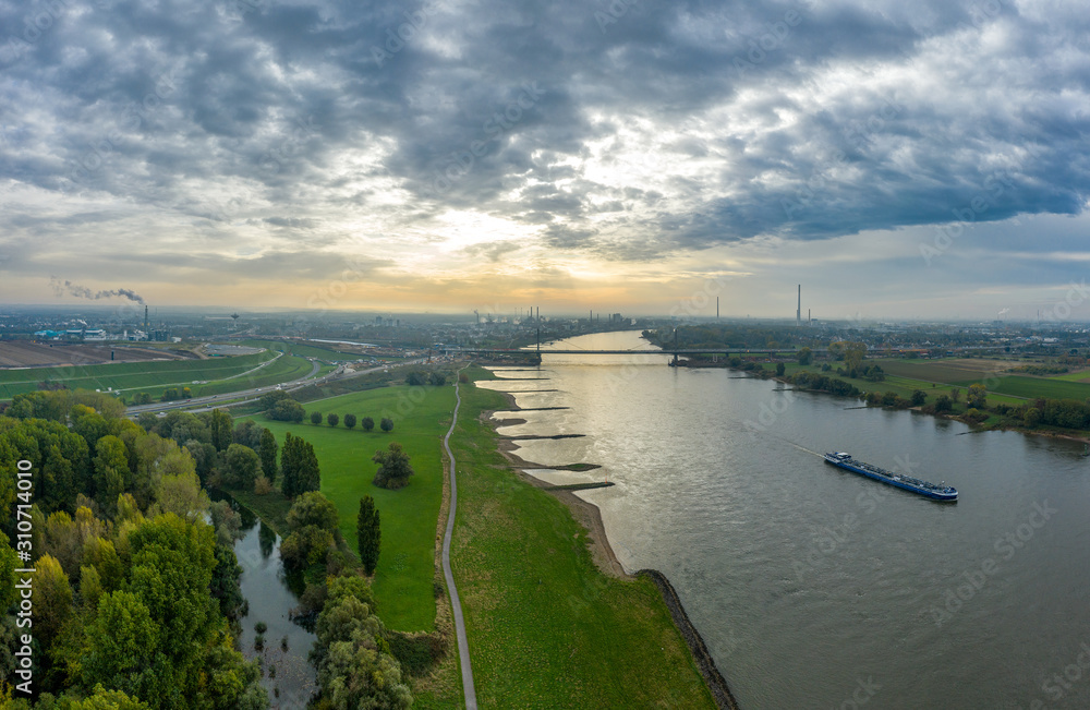 Panoramic view on riverboats on the Rhine. Aerial photography by drone.