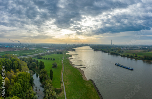 Panoramic view on riverboats on the Rhine. Aerial photography by drone.