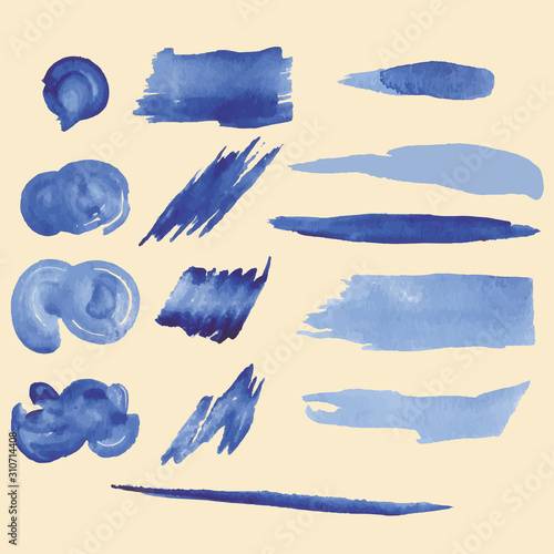 Set of blue watercolor brush stroke isolated on white background. Vector illustration for grunge design. Hand painted stain. Gradients with overlay.