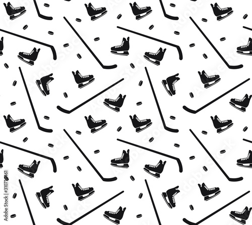 Vector seamless pattern of black flat hockey ice skates and sticks isolated on white background