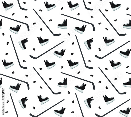 Vector seamless pattern of flat cartoon hockey ice skates and sticks isolated on white background