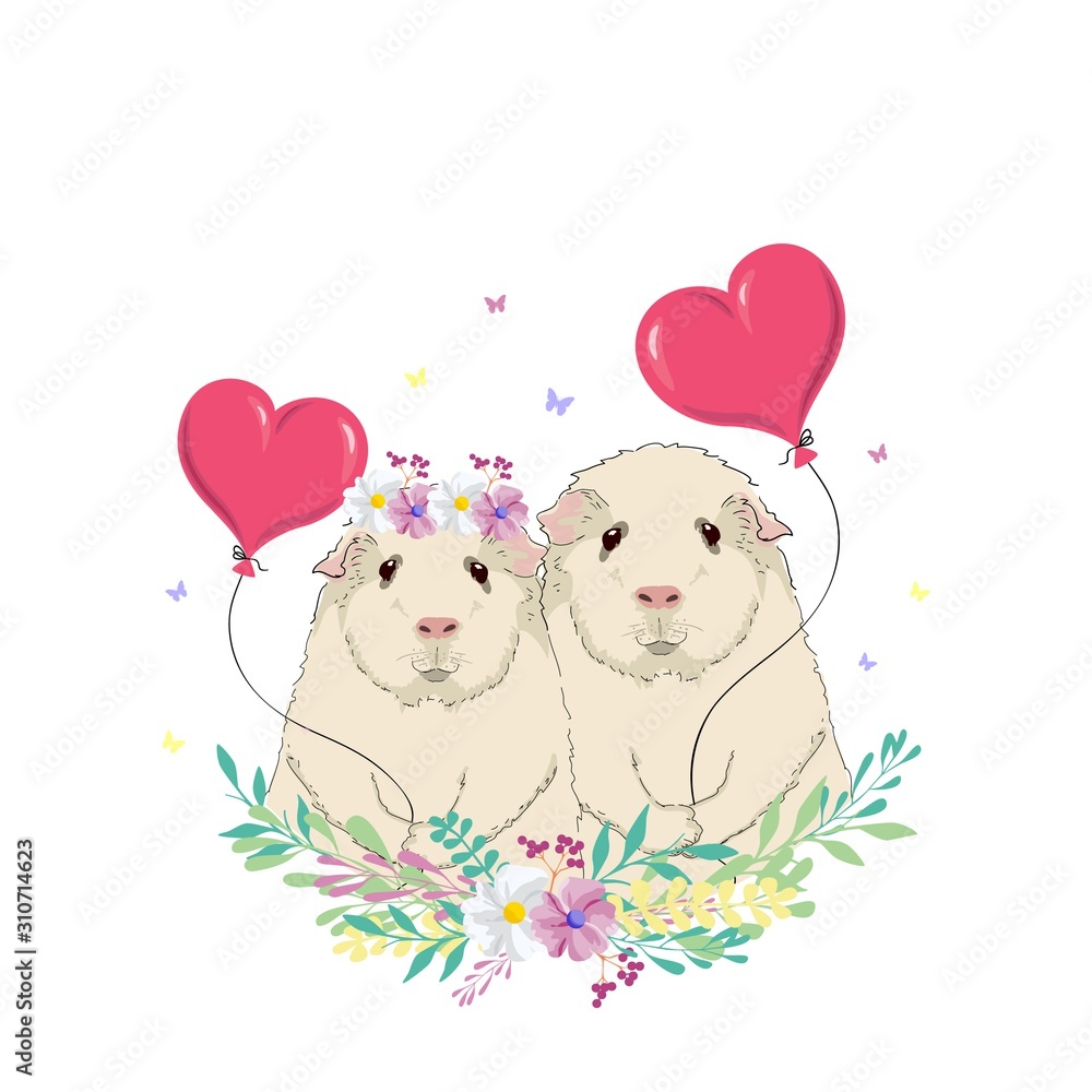 Vector illustration of a two cute Guinea pigs with a balloon, greeting on Valentine's Day