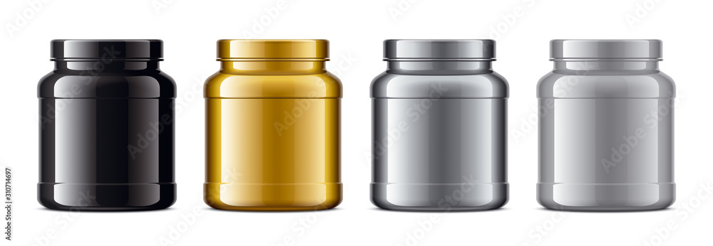 Set of plastic Jars. Metalized surface version. Gold, Silver, Grey, Black colors. Set of plastic Jars. Metalized surface version. Gold, Silver, Grey, Black colors.