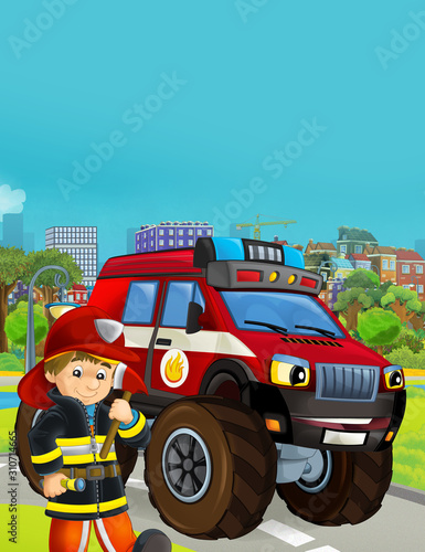 cartoon scene with fireman vehicle on the road - illustration for children