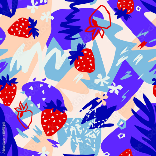 Cutout flowers, berries, leaves with geometrical shape and doodles. Abstract flat botanical seamless pattern. Collage made of floral paper cut shapes. For textile, fabric, wallpaper, wrapper.