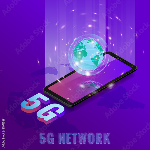 5G internet new mobile wireless technology wifi connection. Isometric smartphone with Earth planet